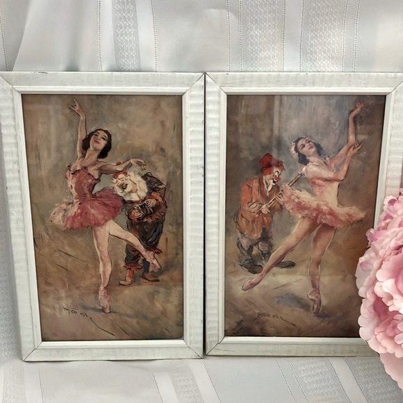 Vintage Rare MCM Pal Fried Ballerina & Musical Clowns Original Frame Prints Pair - Picture 1 of 12